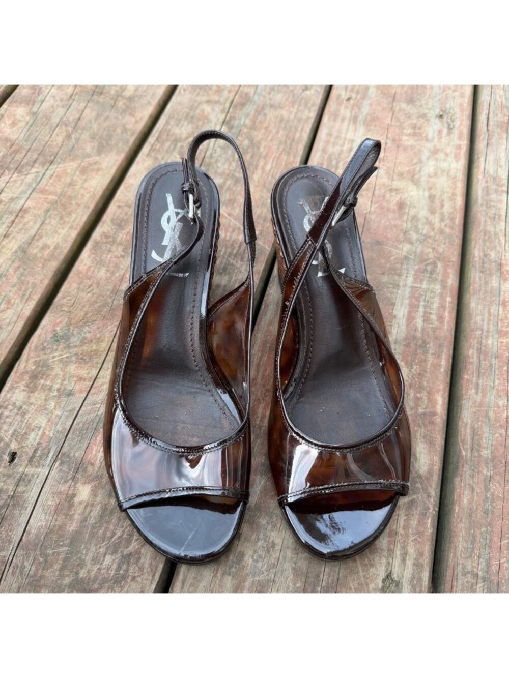 Yves Saint Laurent Brown Patent Leather Wedge Sandals With Adjustable Straps & P